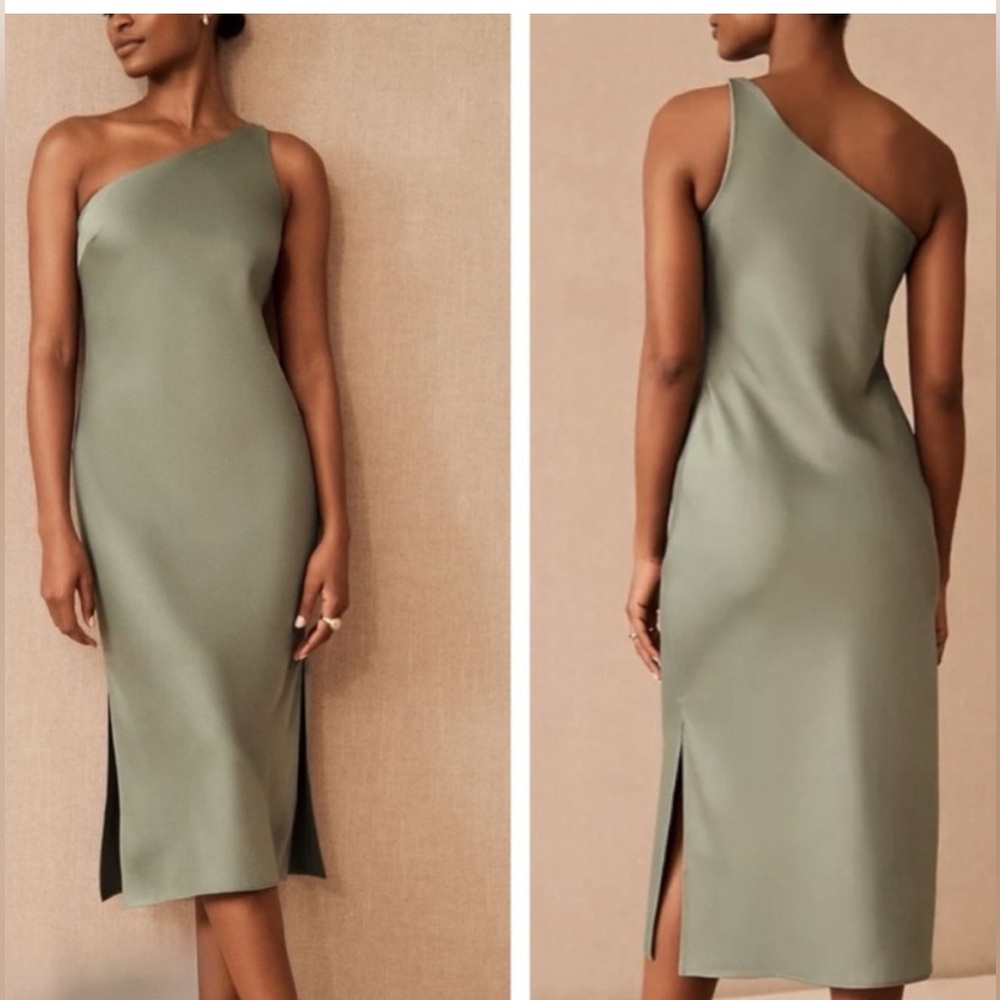 Anthropologie BHLDN sage green AUDrie One Shoulder SatinGown size 12